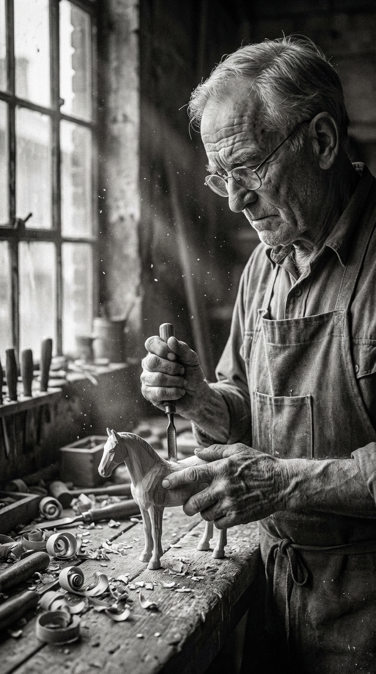 1948 – French master craftsman carving wooden toys in Lyon workshop
