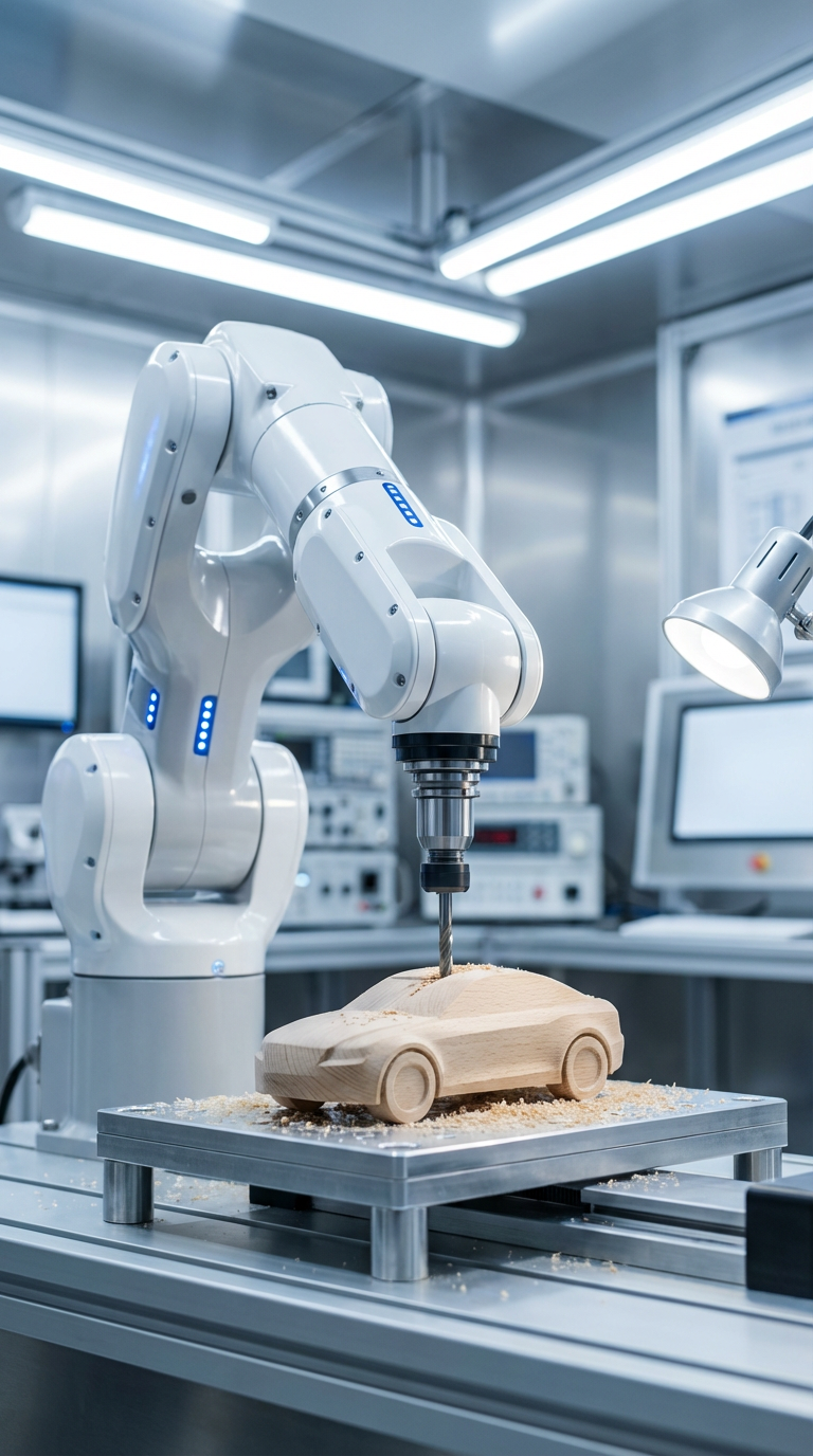 2024 – Robotic arm precision-milling the same wooden toy shape