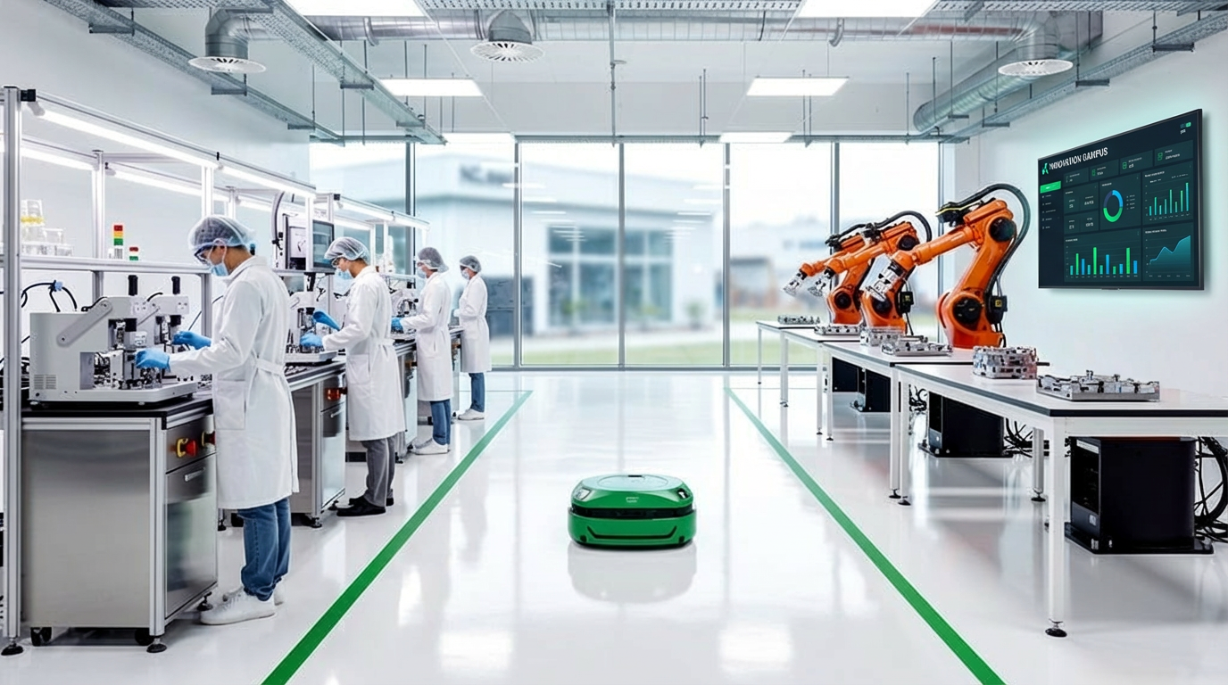 Innovation Campus factory floor with cobots and AMRs