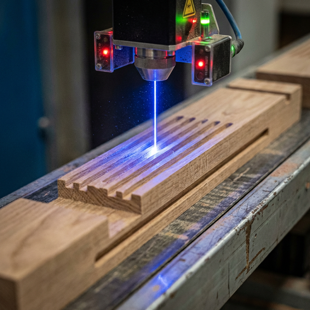Industrial laser scanning wooden component on conveyor