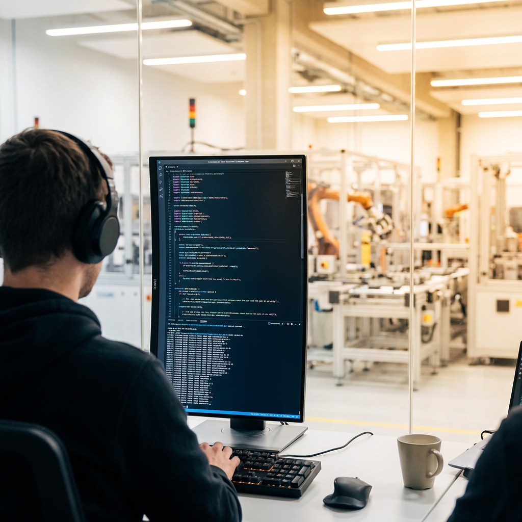 Software engineer coding with factory visible through glass
