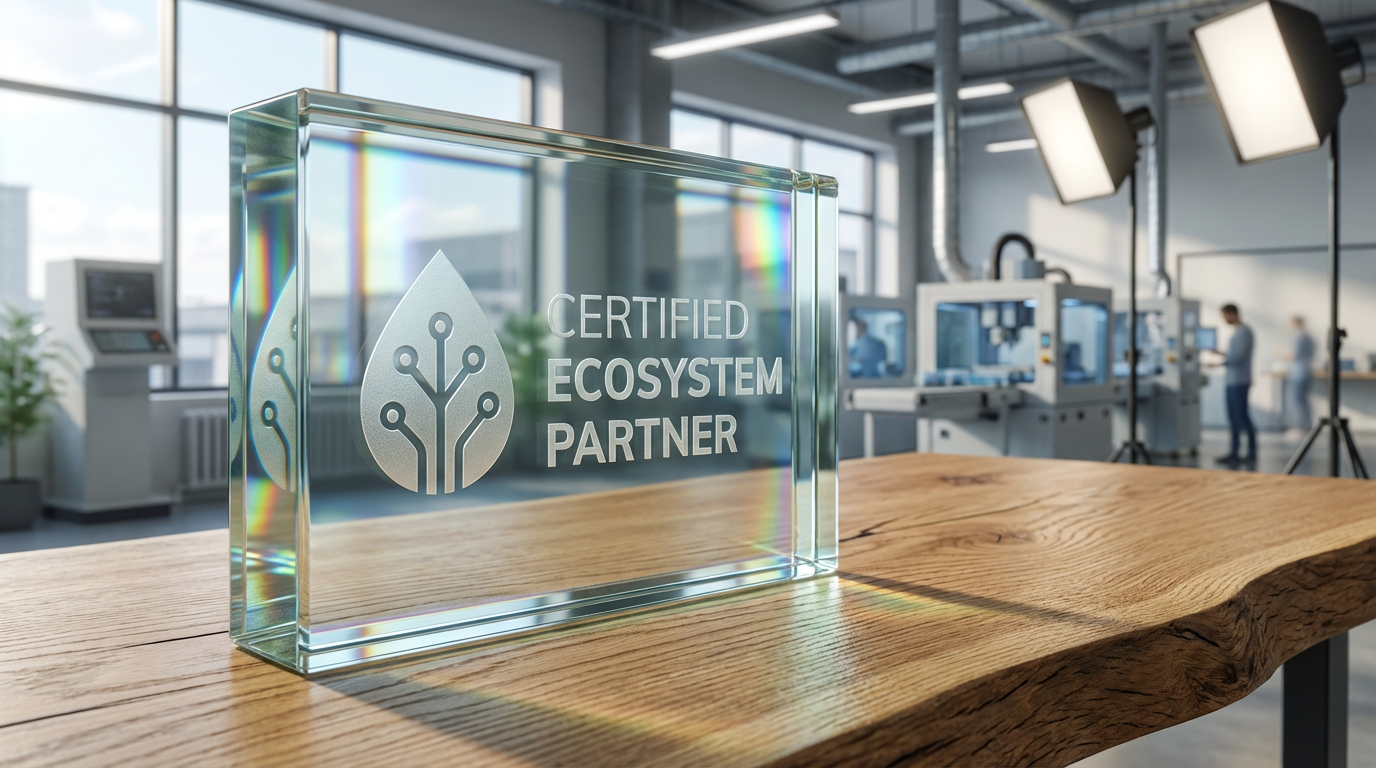 DBR77 Certified Ecosystem Partner award plaque on oak desk
