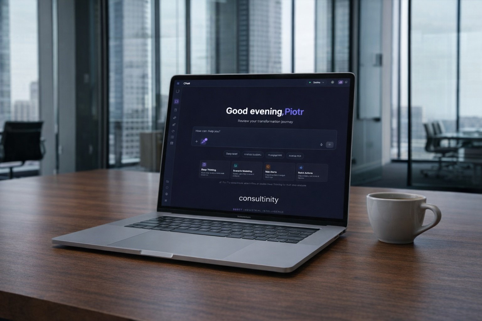 2021 – Consultinity AI chat platform on laptop in executive office