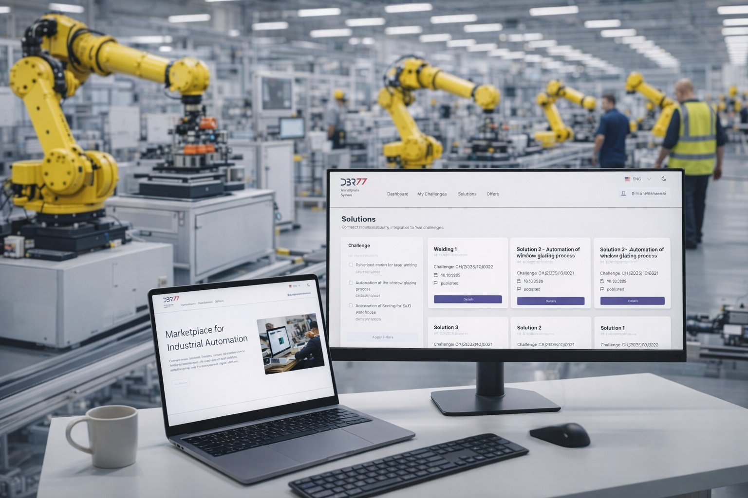 2022 – DBR77 Marketplace on laptop and Solutions board on monitor, FANUC robots with workers in background