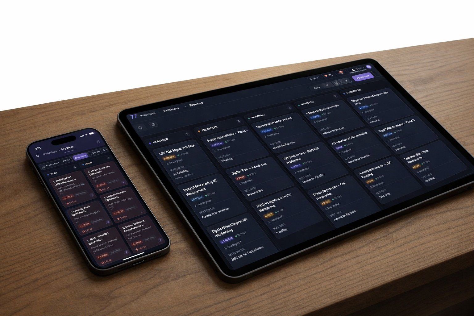 2023 – Consultinity Roadmap on tablet and Tasks kanban on smartphone